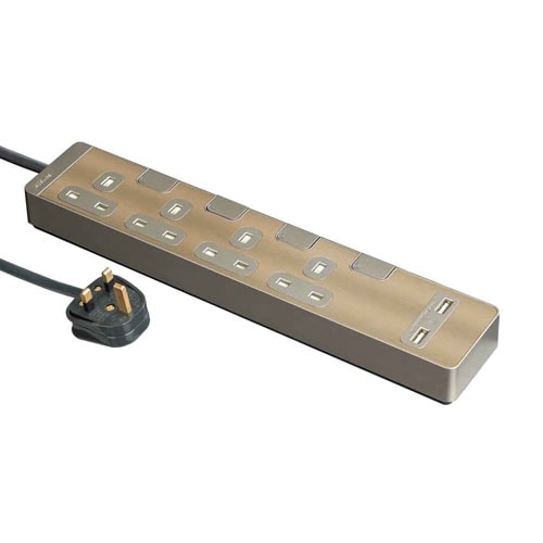 13A 四位獨立開關安全拖板連 2.4A 2位USB充電插座 (古銅金) (連3米線)