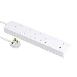 13A 四位獨立開關安全拖板連LED指示燈及2.4A 2位USB充電插座 (白色) (連3米線)