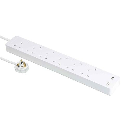 13A 六位獨立開關安全拖板連LED指示燈及2.4A 2位USB充電插座 (白色) (連3米線)