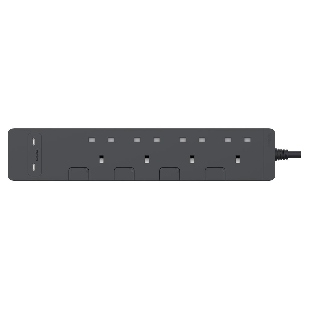 13A 四位獨立開關安全拖板連兩位USB充電插座 30W PD3.0 Type C+C (連3米線)(石墨灰)(TSH34QCUSB_3_DG)