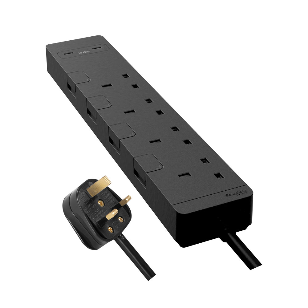 13A 四位獨立開關安全拖板連兩位USB充電插座 30W PD3.0 Type C+C (連3米線)(石墨灰)(TSH34QCUSB_3_DG)