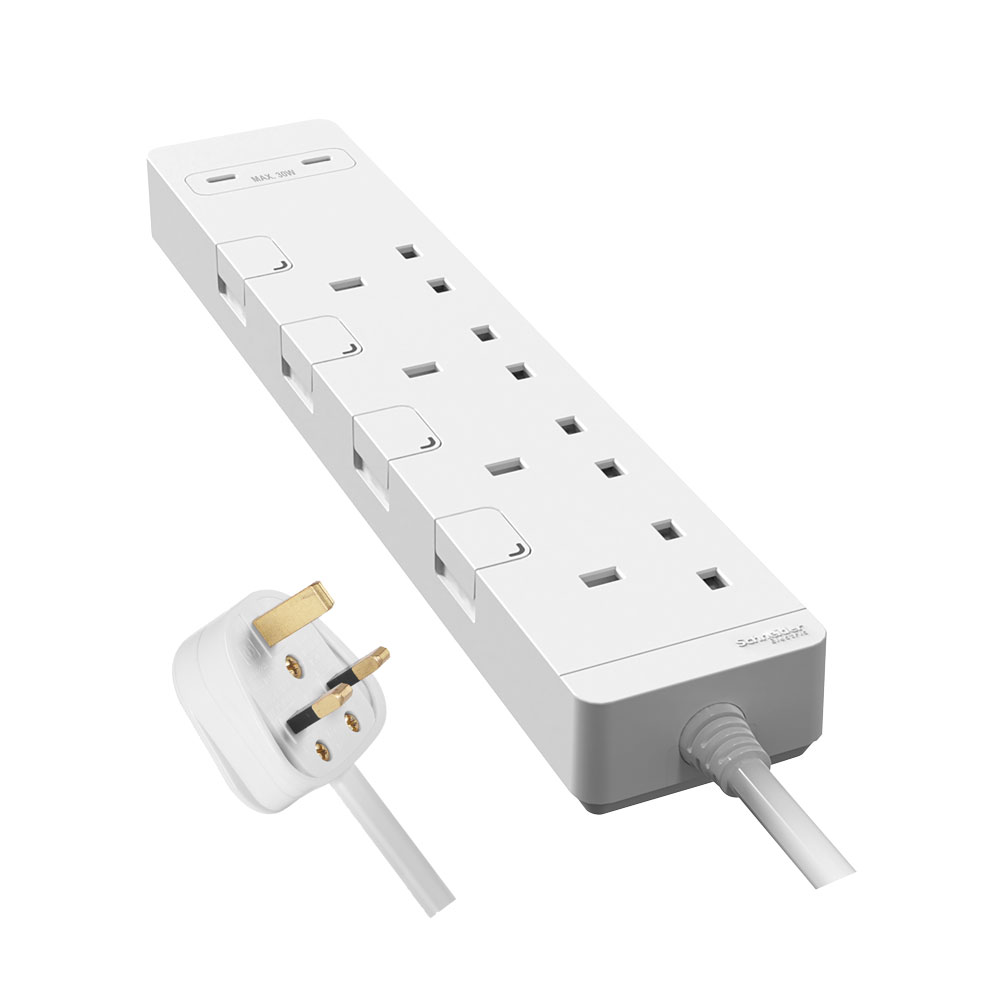 13A 四位獨立開關安全拖板連兩位USB充電插座 30W PD3.0 Type C+C (連3米線)(白色)(TSH34QCUSB_3_WE)