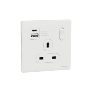 UNICA X 13A 單位連保護門有掣雙極插座連兩位USB充電插座Type A+C (皎月白)